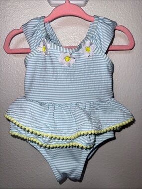 Light Blue Striped Girls' One-Piece Swimsuit with Daisy Trim